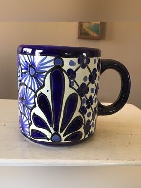 Mexican Talavera Handpainted Lead Free Blue White Mug